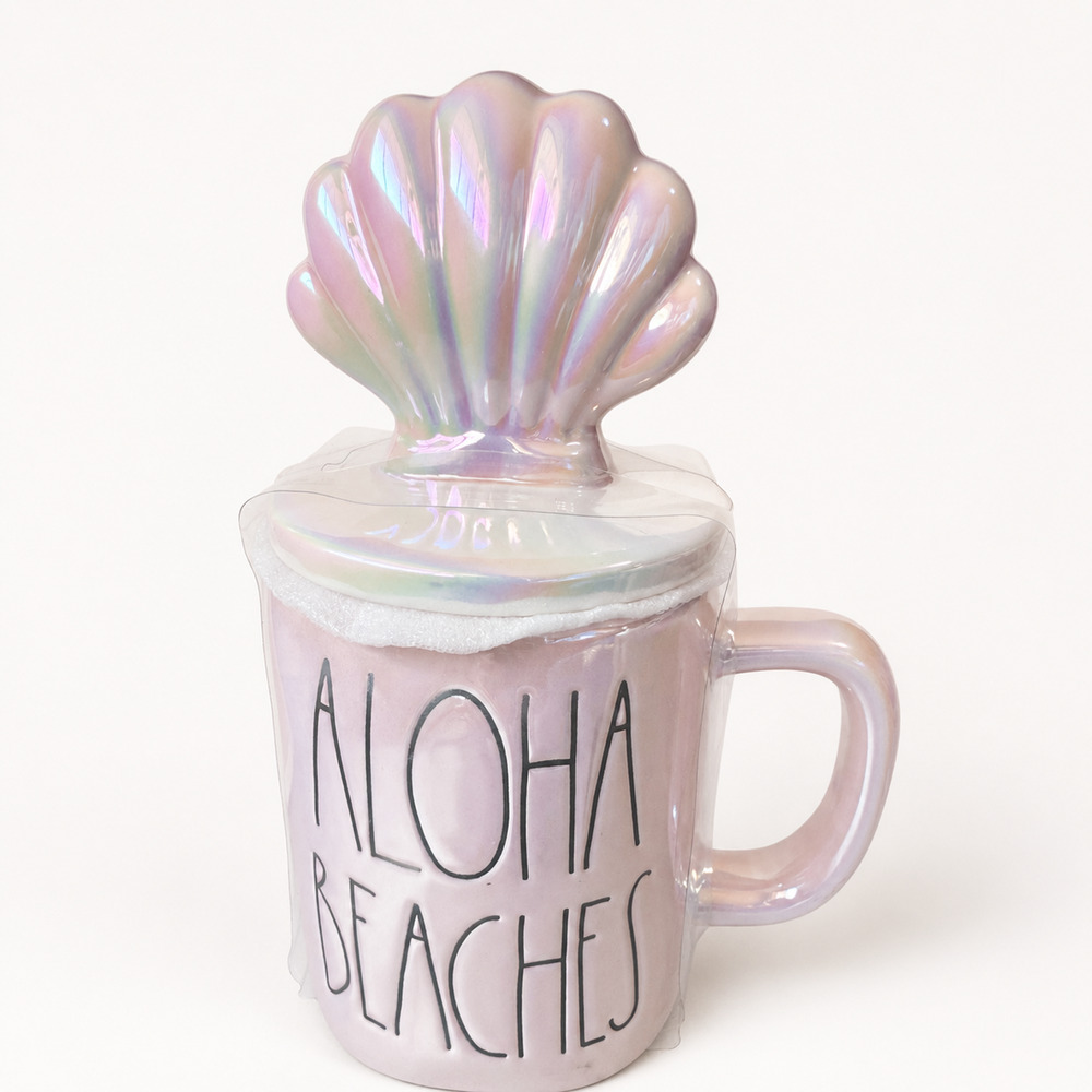 Rae Dunn Iridescent Pink 'Aloha Beaches' Mug w/ Shell Lid